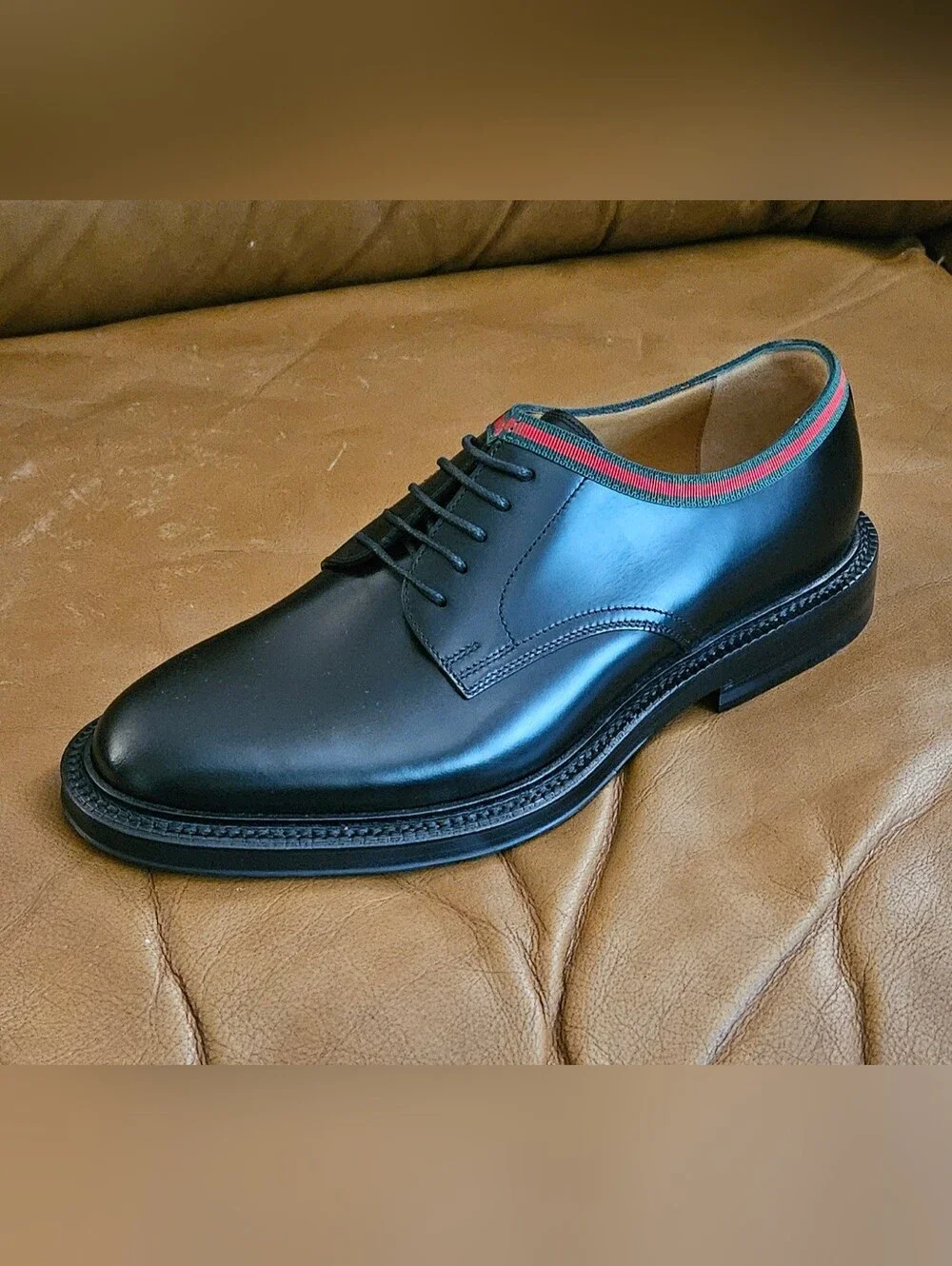 New Men's Gucci Black Leather Bumble Bee Derby Oxford Dress Shoes Size 5